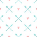 Repeated hearts and crossed arrows. Lovely romantic seamless pattern. Endless cute print.