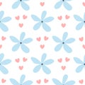 Repeated hearts and flowers drawn by hand. Simple floral seamless pattern. Cute print for girls.