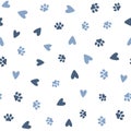 Repeated hearts and footprints of pets. Cute seamless pattern for animals.