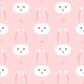 Repeated hearts and heads of little rabbits. Seamless pattern for girls.