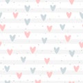 Repeated hearts and round dots on striped background. Romantic seamless pattern.