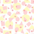 Repeated irregular geometric shapes. Simple girly seamless pattern with uneven circles, triangles and squares.