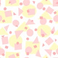 Repeated irregular geometric shapes. Simple girly seamless pattern with uneven circles, triangles and squares.
