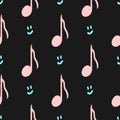 Repeated musical notes and smiles drawn by hand with rough brush. Seamless pattern. Royalty Free Stock Photo