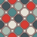 Repeated octagons stained glass mosaic background. Retro ceramic tiles. Seamless pattern with geometric ornament.