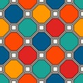 Repeated octagons stained glass mosaic background. Vivid ceramic tiles. Seamless pattern with geometric ornament.