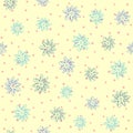 Repeated outline of abstract flowers on background with round dots. Floral seamless pattern for children.