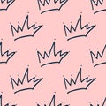 Repeated outlines of crowns drawn by hand. Cute seamless pattern for girls.