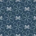 Repeated outlines of flowers and butterflies drawn by hand. Feminine seamless pattern.
