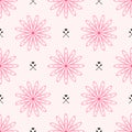 Repeated outlines of flowers and hearts with arrows. Cute floral seamless pattern.