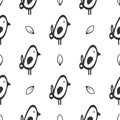 Repeated outlines of funny bird and leaf. Seamless pattern drawn by hand. Sketch, doodle, line art.