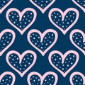 Repeated outlines of hearts with dots. Cute seamless pattern drawn by hand. Doodle, sketch.