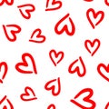 Repeated outlines of hearts drawn by hand. Romantic seamless pattern.