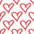 Repeated outlines of hearts drawn by hand with rough brush. Simple romantic seamless pattern.