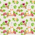 Repeated pattern. Wine glass, bottle, vine leaves, grape berries. Watercolor. Royalty Free Stock Photo