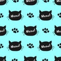 Repeated paw prints and silhouettes of cat heads with text Meow! Cute seamless pattern. Drawn by hand.