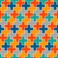 Repeated puzzle mosaic abstract background. Seamless pattern with simple geometric ornament. Bright kids surface texture