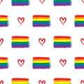 Repeated rainbow LGBT flags and hearts drawn by hand. Seamless pattern for homosexuals.