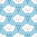 Repeated raindrops and clouds with smiling faces. Cute seamless pattern for kids. Funny children`s print.