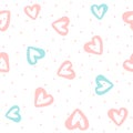 Repeated round dots and hearts drawn by hand with watercolour brush. Cute seamless pattern.