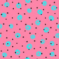 Repeated round spots and circles. Simple seamless pattern. Pink, black, blue.