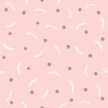 Repeated round spots and curved short lines. Abstract seamless pattern for girls.