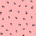 Repeated round spots and flowers with leaves drawn by hand. Girly floral seamless pattern.