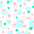 Repeated scattered round colored spots painted with watercolour brush. Cute girly seamless pattern.