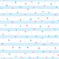 Repeated scattered stars and round dots on uneven striped background. Cute seamless pattern for girls.