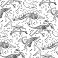 Repeated seamless pattern of dinosaurs fossils on a white background.