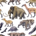 Repeated seamless pattern of a watercolor prehistoric animals