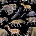 Repeated seamless pattern of a watercolor prehistoric animals