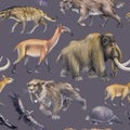 Repeated seamless pattern of a watercolor prehistoric animals