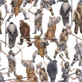 Repeated seamless pattern of a watercolor primordial humans, hunters and warriors
