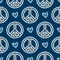 Repeated sign of peace and heart drawn by hand with rough brush. Seamless pattern. Sketch, watercolor, paint.