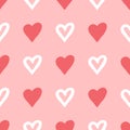 Repeated silhouettes and contours drawn heart brush. Seamless pattern.