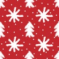 Repeated silhouettes of trees and snowflakes painted with rough brush. New Year seamless pattern.