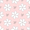Repeated simple flowers and outlines of leaves. Cute floral seamless pattern for girls. Royalty Free Stock Photo