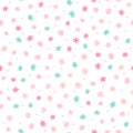 Repeated small cute flowers and round dots. Simple girly floral pattern. Endless feminine print.