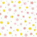 Repeated small flowers, leaves and polka dot. Cute floral seamless pattern.