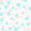 Repeated squares, triangles and irregular polka dots drawn by hand. Cute seamless pattern for children.