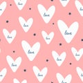 Repeated stars and hearts with handwritten text Love. Romantic seamless pattern.