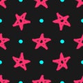 Repeated stars and round dots drawn by hand with rough brush. Stylish seamless pattern for girls.