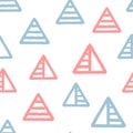 Repeated triangles drawn by hand with brush. Geometric seamless pattern for children.