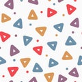 Repeated triangles and round dots. Geometric seamless pattern. Drawn by hand, sketch, doodle.