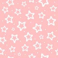 Repeated white round dots and outlines of stars on pink background. Cute seamless pattern for girls. Royalty Free Stock Photo