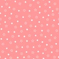 Repeated white stars and circles on pink background. Cute seamless pattern.