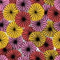 Repeating abstract flower vector pattern. Bold florals red yellow pink with black lines repeating background. Botanical Royalty Free Stock Photo