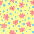 Repeating abstract flowers and round dots. Cute floral seamless pattern for children. Drawn by hand.