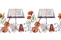 Repeating banner design. Violin, Music Stand, Sheet Music, Baton, Metronome, Treble and Bass Clef decorated with marigold flowers Royalty Free Stock Photo